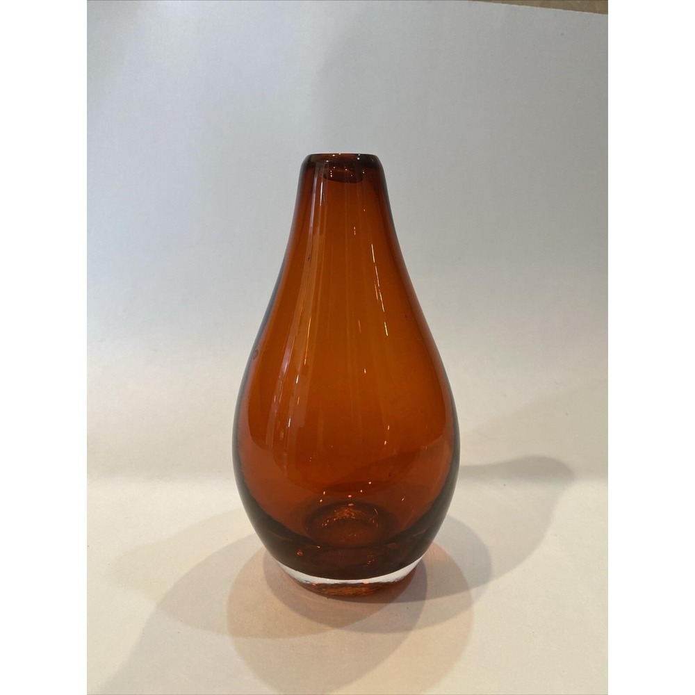 Handblown Signed Tear Drop Bud Vase Orange Translucent Art Glass Bottle Heavy 6"